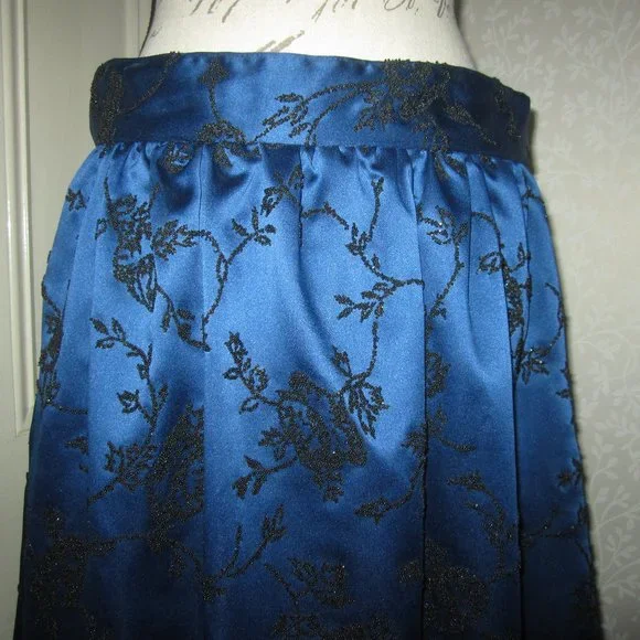 Chetta B Evening full length royal blue satin skirt w black beaded roses, sz 12